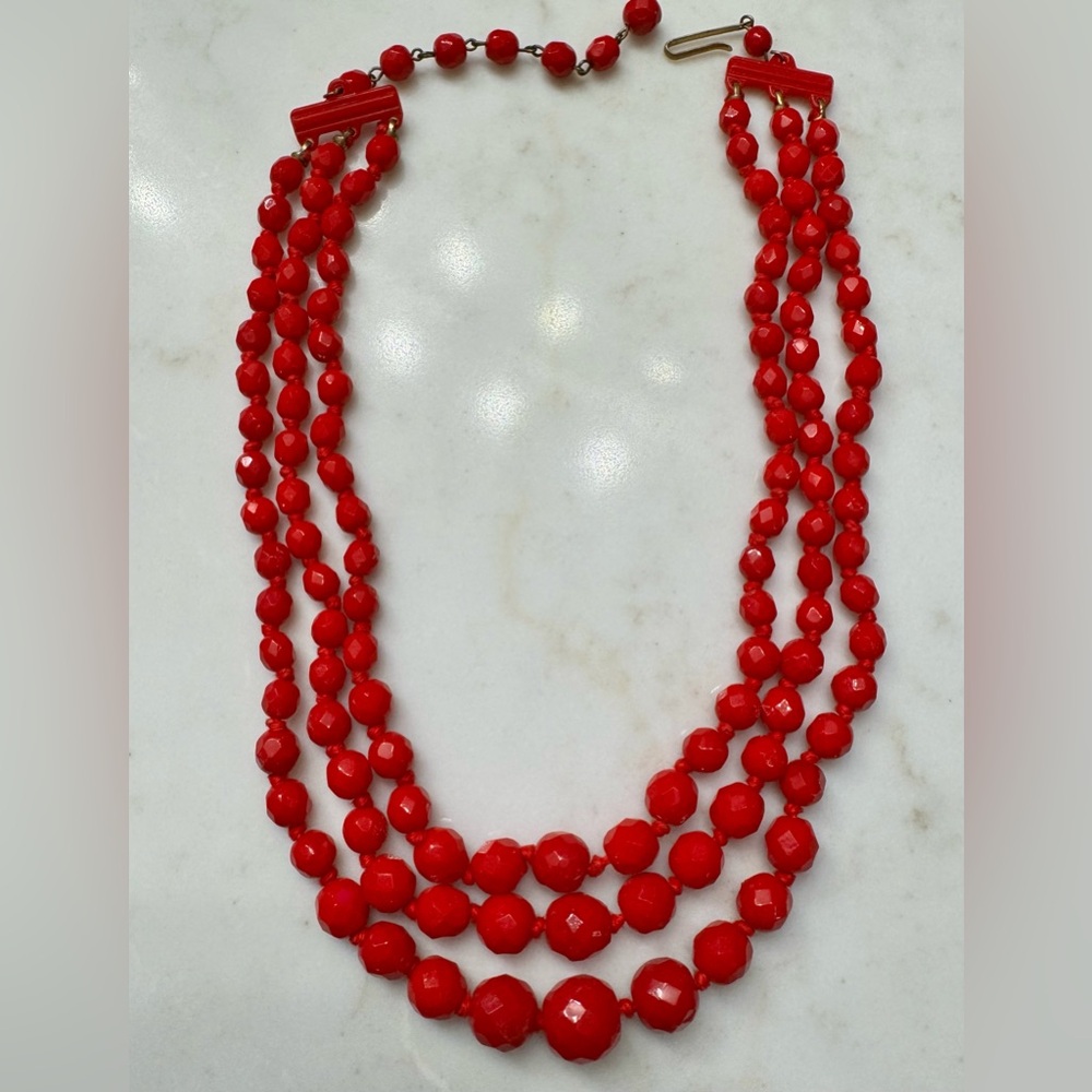 Vintage Triple Strand Faceted Red Czech Glass Bead Choker